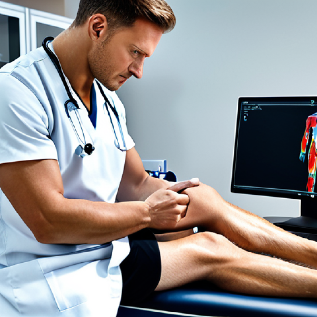 스포츠의학 전문가의 업무 사례 - Sports Medicine Diagnosis**

"A doctor in a clean, modern clinic examining an athlete's knee, using ...