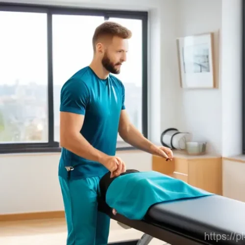 스포츠의학 분야 이직 팁 - **"A vibrant and modern Polish sports medicine clinic. A female physiotherapist, in her early 30s, w...