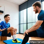 스포츠의학 실무와 이론의 차이점 - A sports medicine professional conducting a knee rehabilitation session with a young male soccer pla...