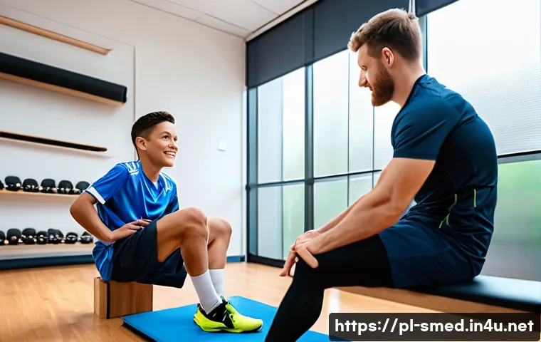 스포츠의학 실무와 이론의 차이점 - A sports medicine professional conducting a knee rehabilitation session with a young male soccer pla...