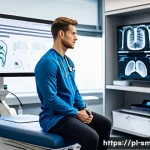 스포츠의학 분야의 장기적인 발전 - A high-tech sports medicine clinic room featuring a professional athlete undergoing advanced imaging...