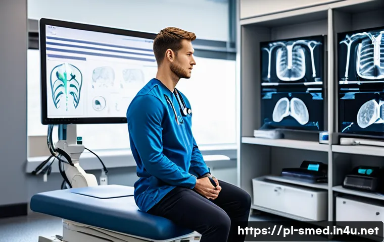스포츠의학 분야의 장기적인 발전 - A high-tech sports medicine clinic room featuring a professional athlete undergoing advanced imaging...