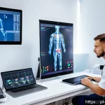 스포츠의학 취업 준비 - A professional sports medicine specialist in a modern Polish rehabilitation clinic, analyzing a 3D m...