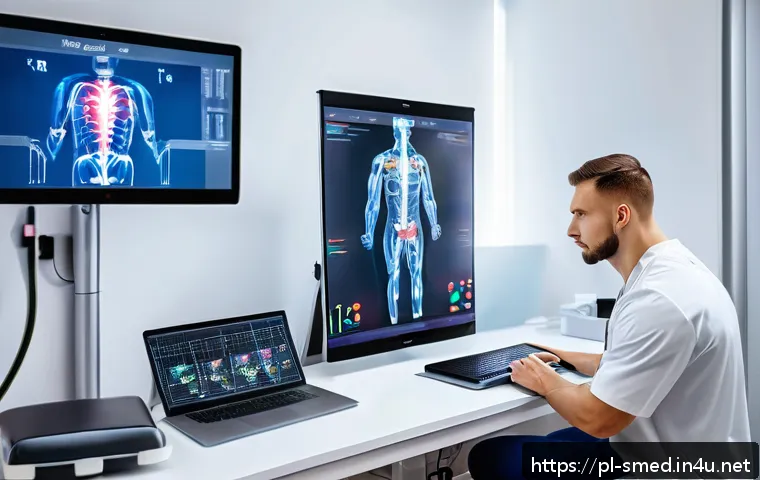 스포츠의학 취업 준비 - A professional sports medicine specialist in a modern Polish rehabilitation clinic, analyzing a 3D m...
