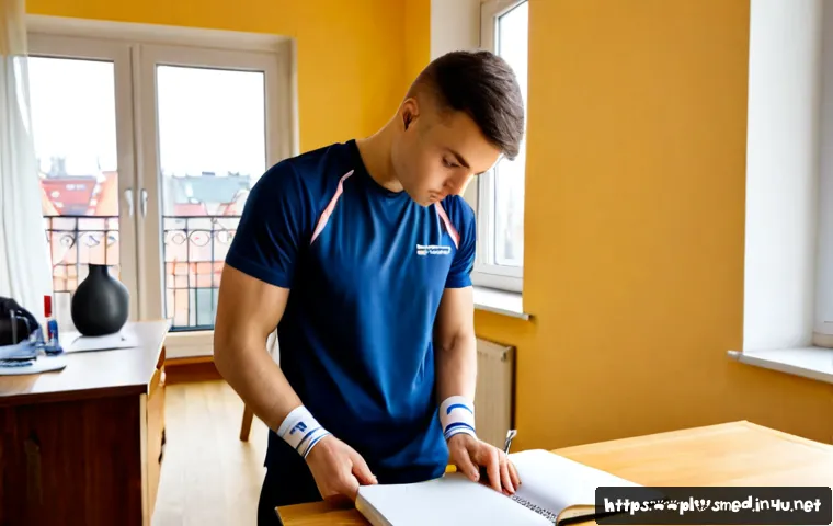 스포츠의학 자격증 취득을 위한 전략 - Photorealistic Polish sports medicine certification study scene, focused young adult physiotherapy s...