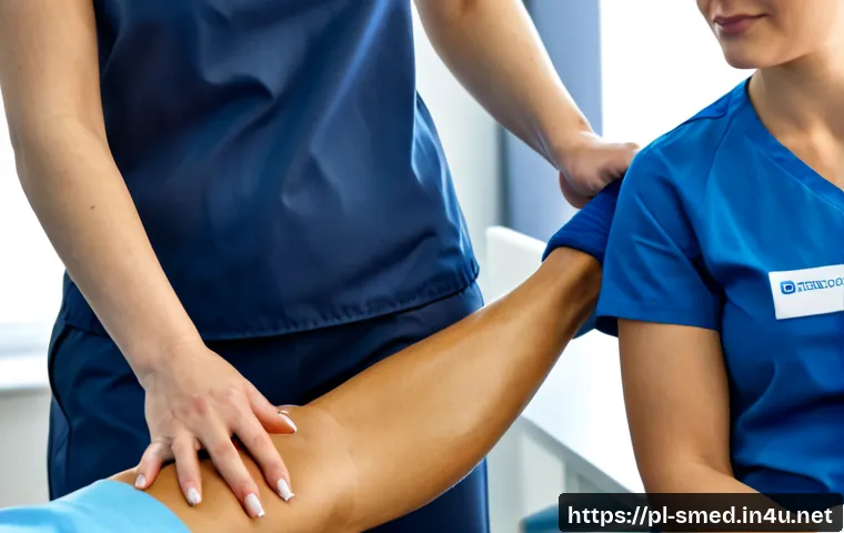 Home 17 스포츠의학 분야에서의 최신 경향 - Photorealistic sports medicine clinic in Poland, female physiotherapist using a handheld muscle ultr...