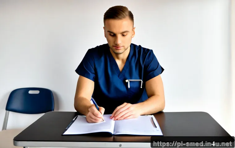 스포츠의학 업무 일지 작성법 - Photorealistic sports medicine clinic scene in Poland, focused on a physiotherapist in clean navy sc...